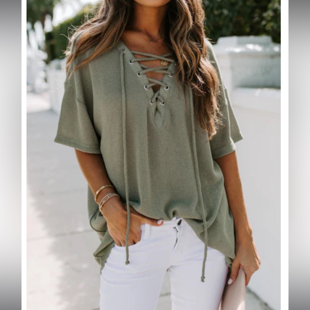 Vici Olive Green Lace-Up Short Sleeve Top